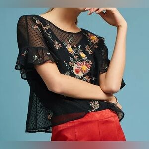 Maeve Anthropologie Floral Embroidered Mesh Ruffle Sleeve Top